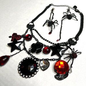 Vintage Betsey Johnson Spiderweb Necklace Set Charm Earrings Gothic Halloween